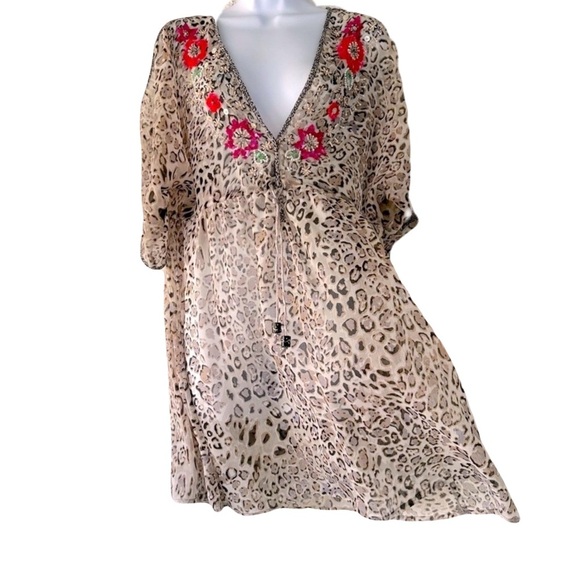 DEHRY PARIS sheer boho cheetah embellished dress coverup M - Picture 8 of 12